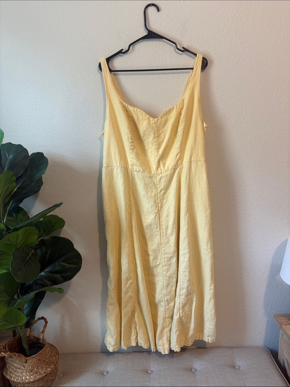 Old Navy Pale Yellow Midi linen Sundress with Sweetheart Neckline